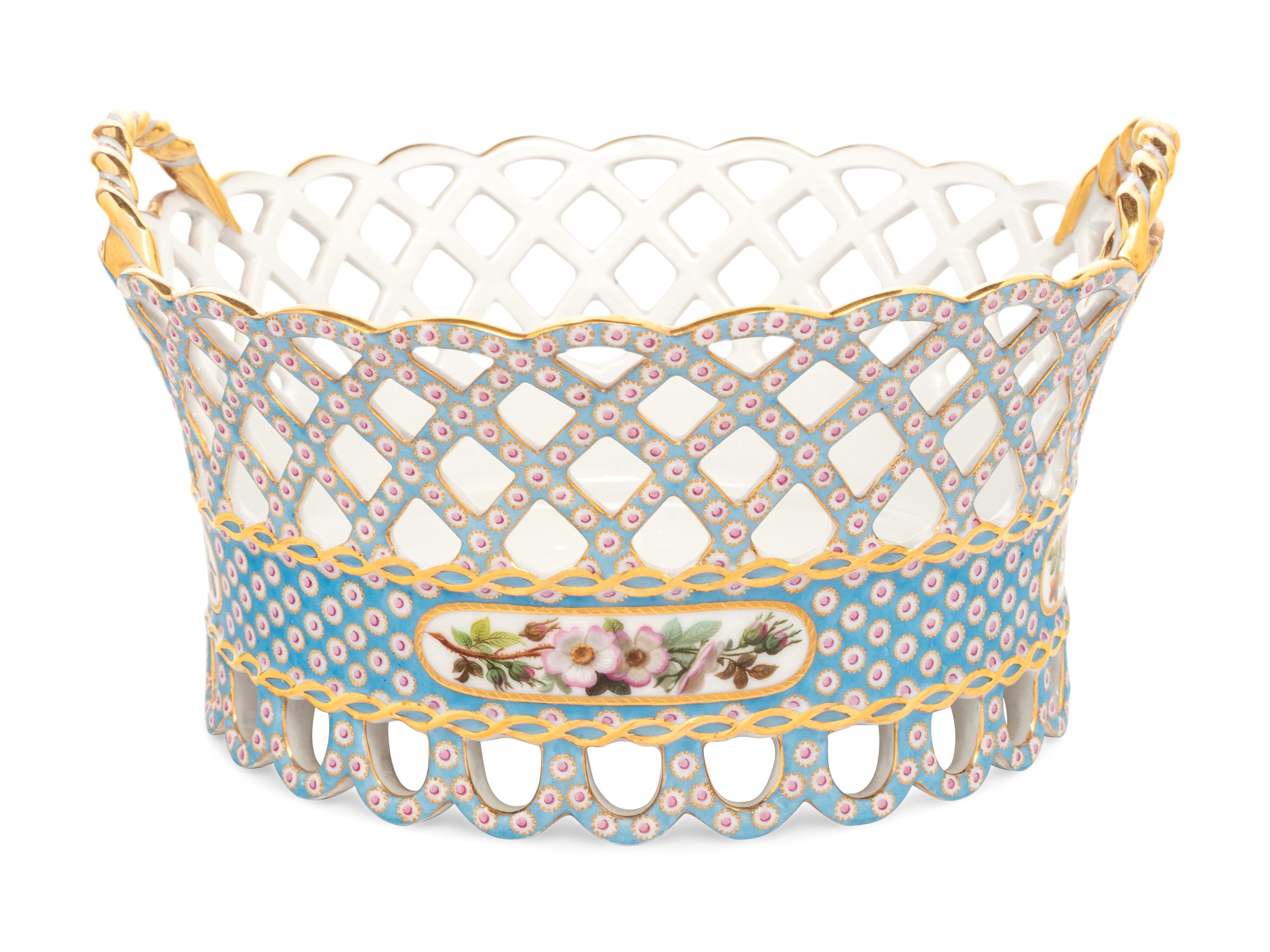 A French Blue-Ground Reticulated Porcelain Basket