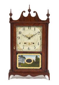 An American Mahogany Pillar and Scroll Clock Height 31 1/2 inches.
