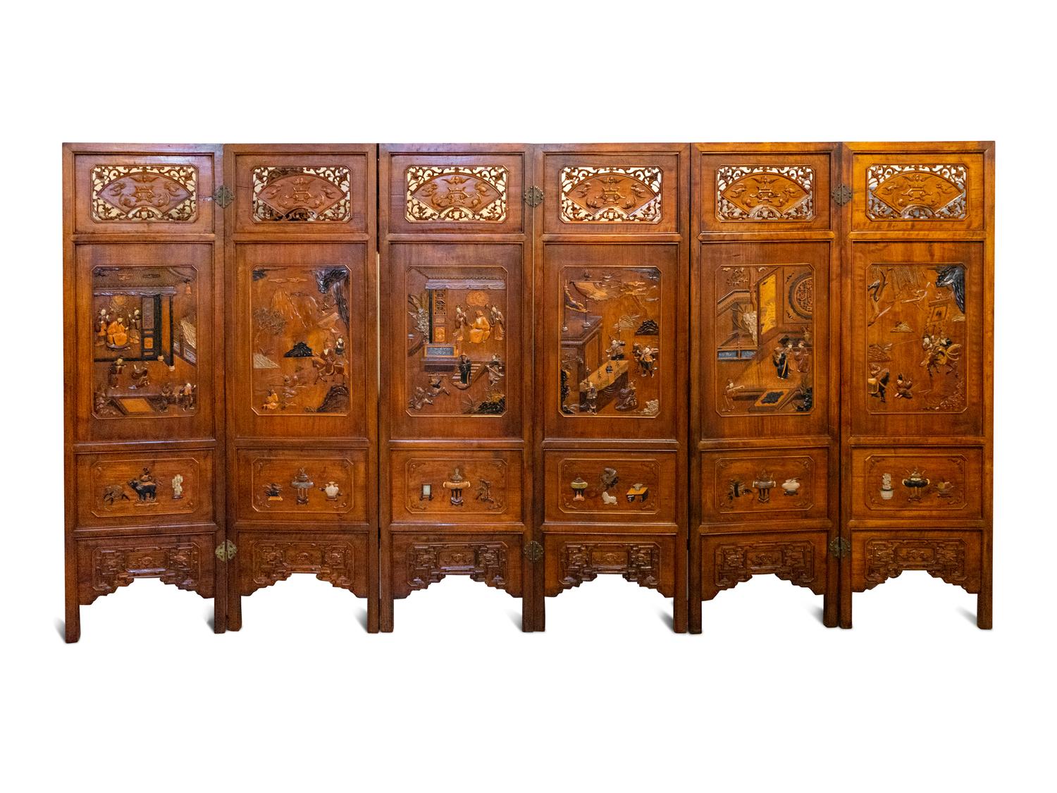 A Chinese Carved Hardwood and Hardstone Inset Six-Panel Floor Screen