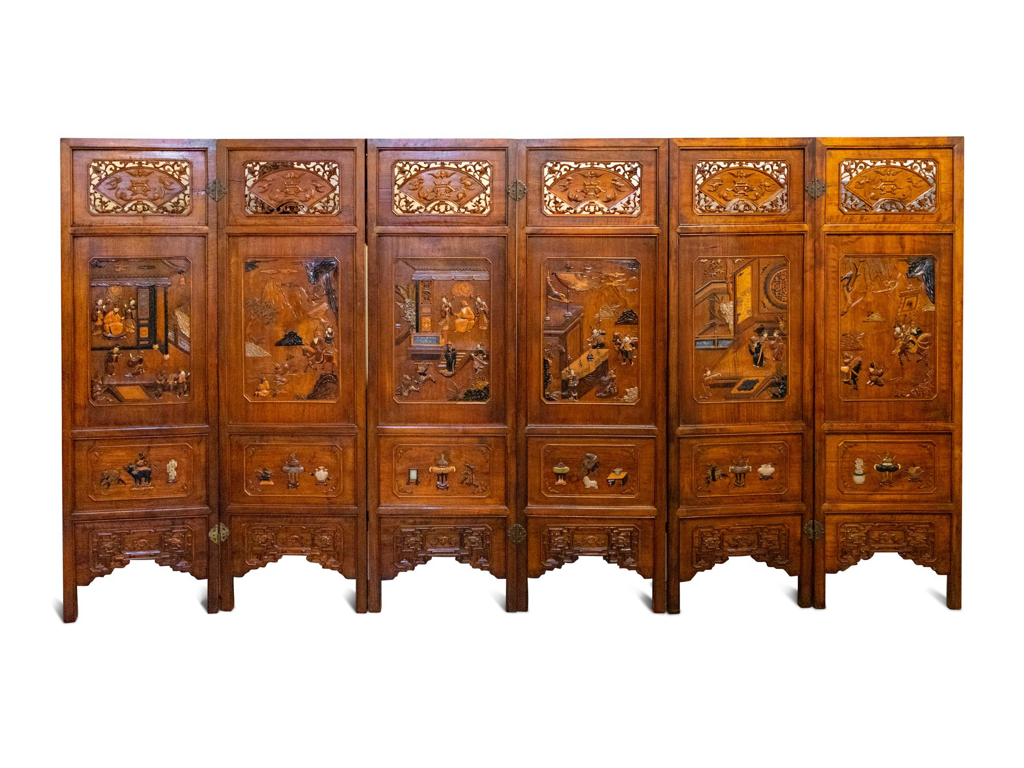 A Chinese Carved Hardwood and Hardstone Inset Six-Panel Floor Screen