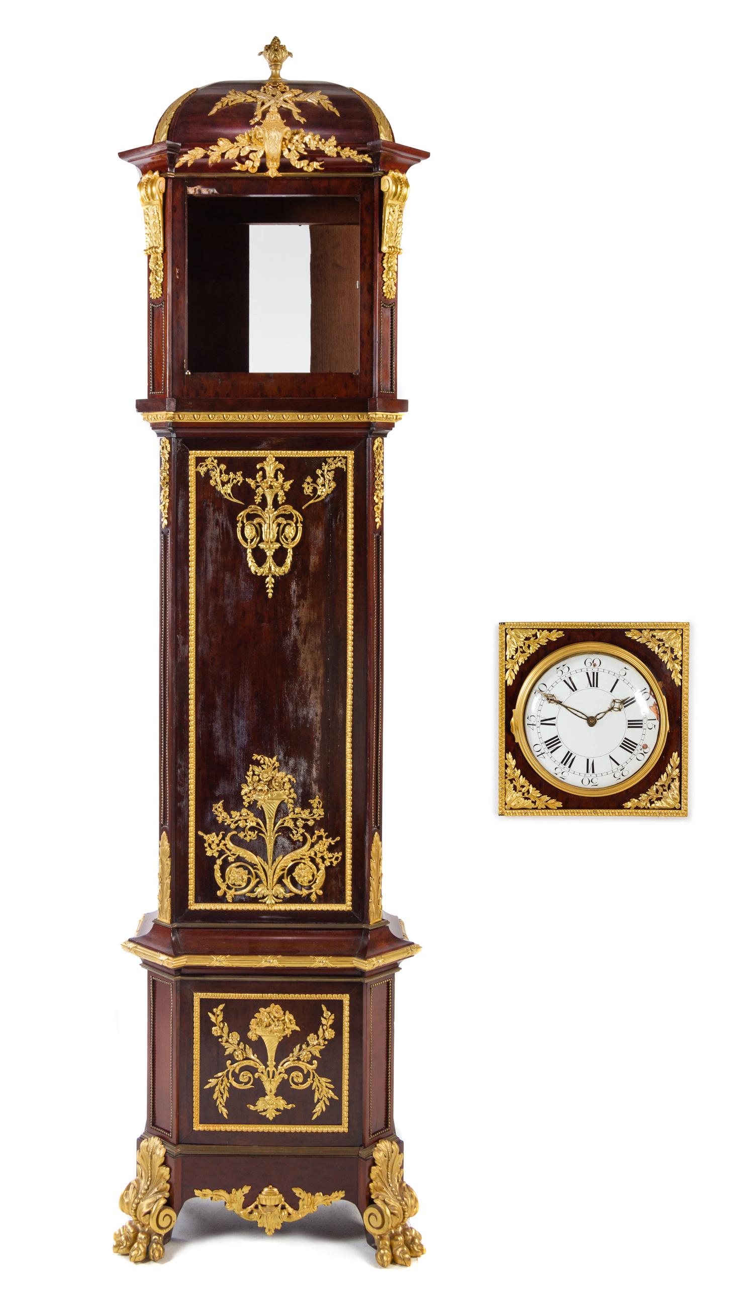 A Louis XVI Style Gilt Bronze Mounted Mahogany Tall Case Clock Height 105 x width 24 1/2 x depth 11 1/2 inches. — CIRCA 1900