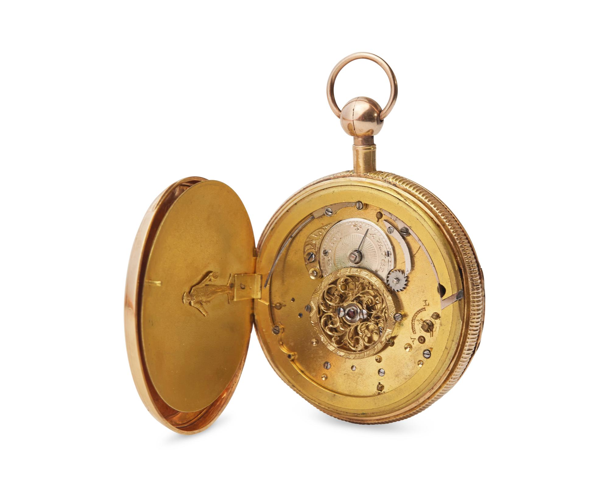 A Historic 18 Karat Tricolor Gold Open Face Jacquemart Automaton Quarter Repeater Pocket Watch Purportedly Owned by Marquis de Lafayette