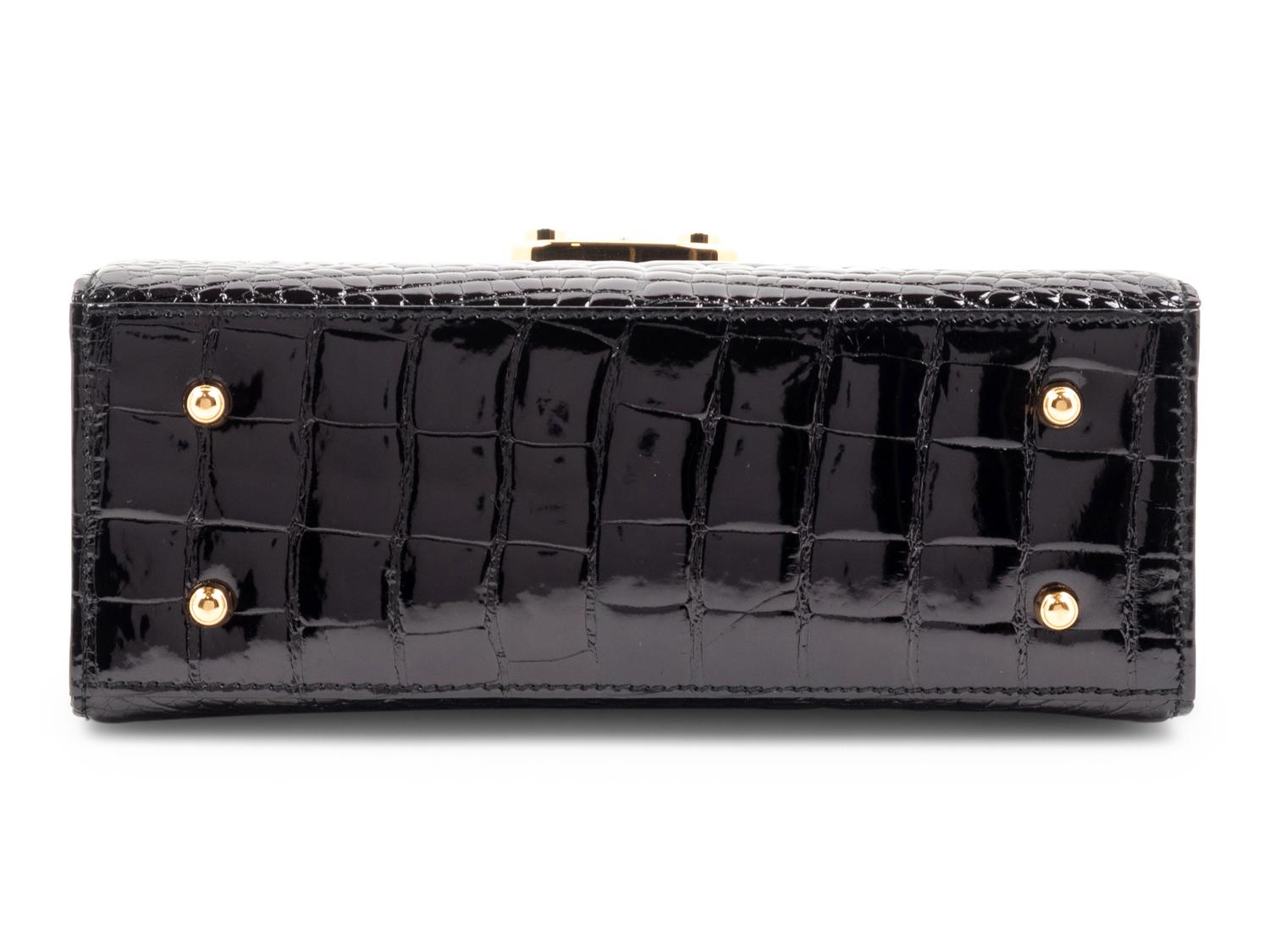 Gucci Black Patent Alligator Front Lock Handbag