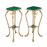 A Pair of Brass and Malachite Pedestal Tables
