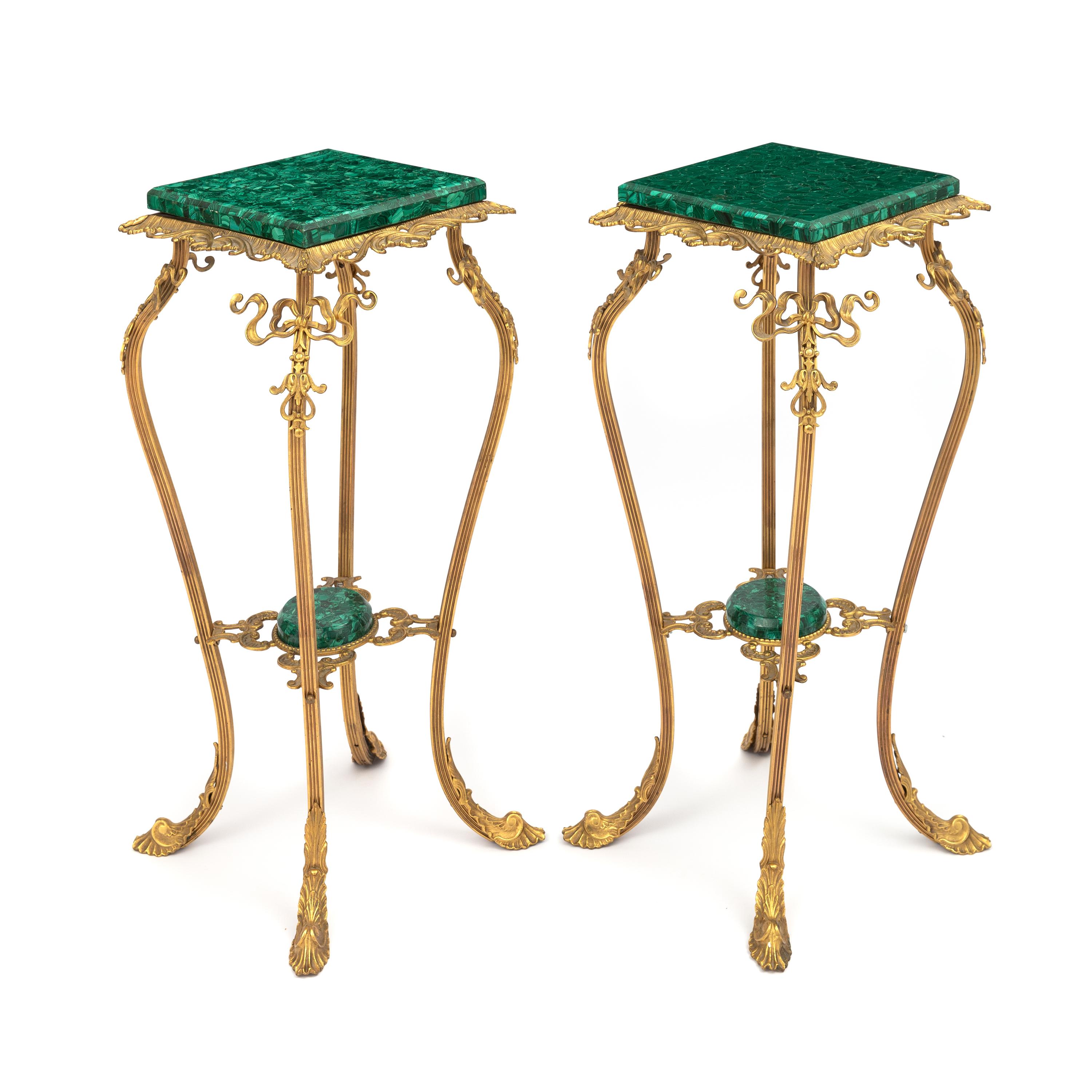 A Pair of Brass and Malachite Pedestal Tables