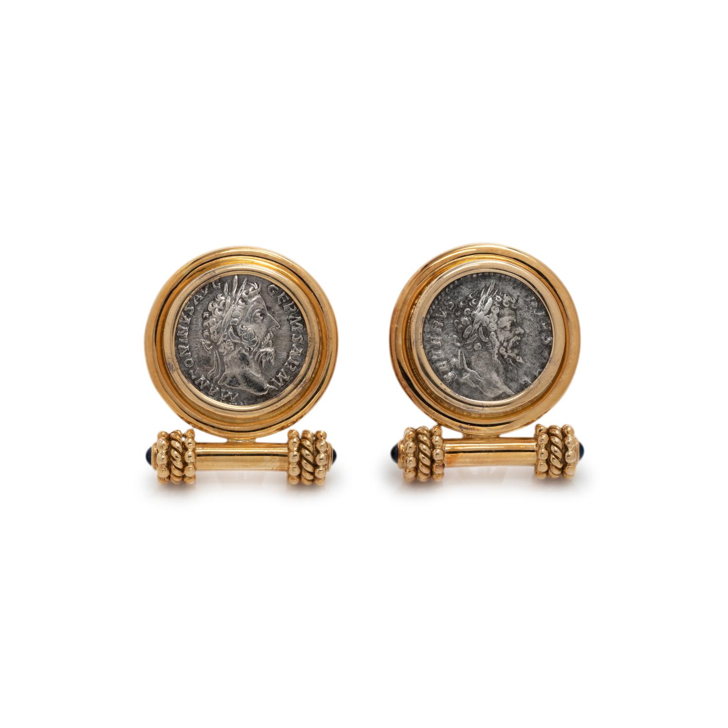 ELIZABETH LOCKE, YELLOW GOLD, ANCIENT COIN AND SAPPHIRE EARCLIPS
