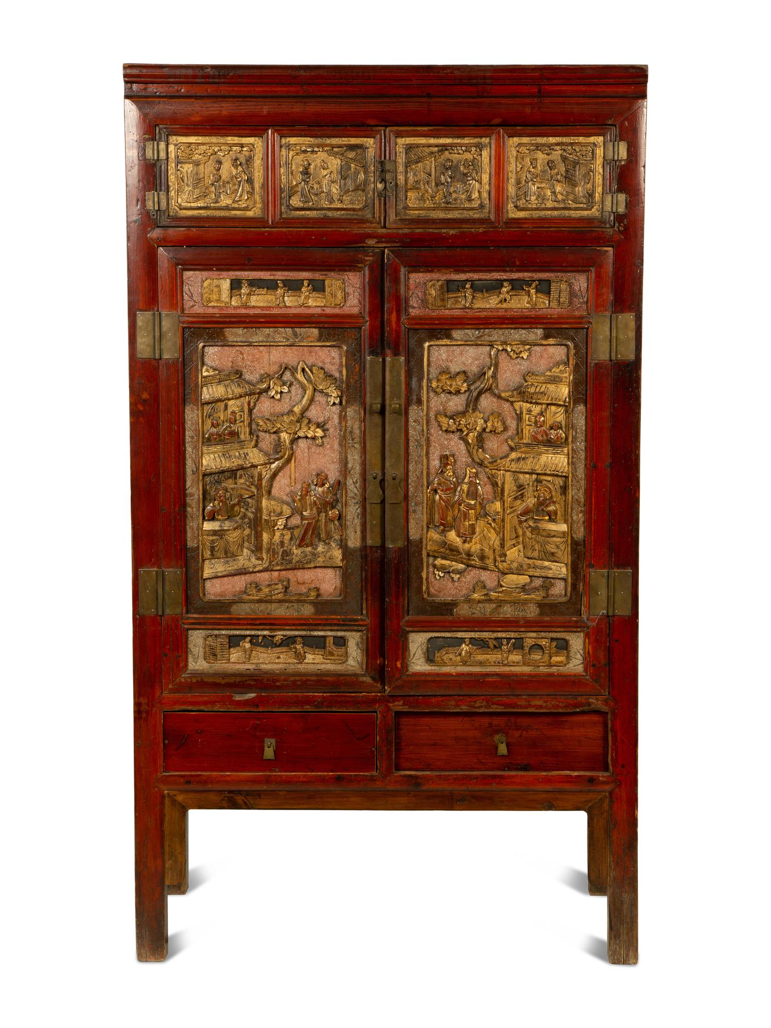 A Chinese Hardwood and Parcel Gilt Cabinet — 19TH CENTURY