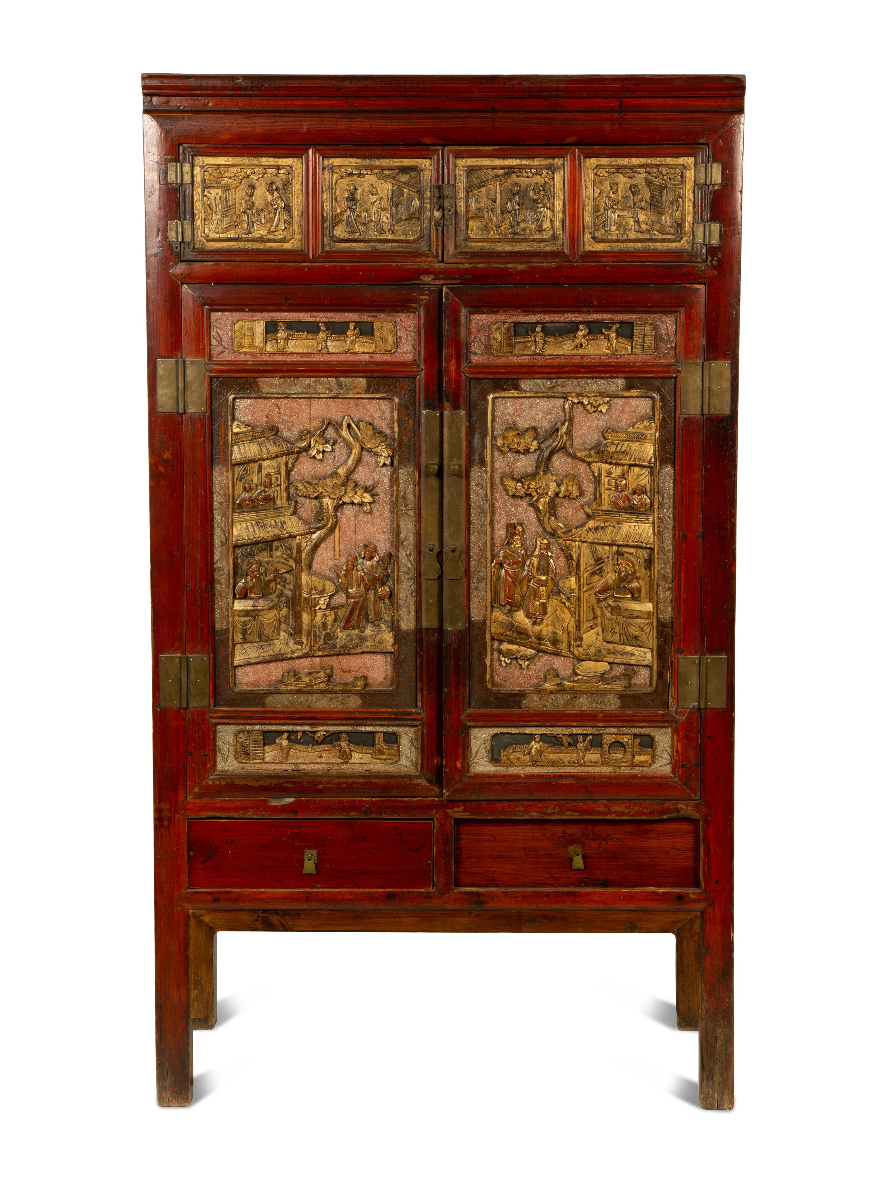 A Chinese Hardwood and Parcel Gilt Cabinet — 19TH CENTURY