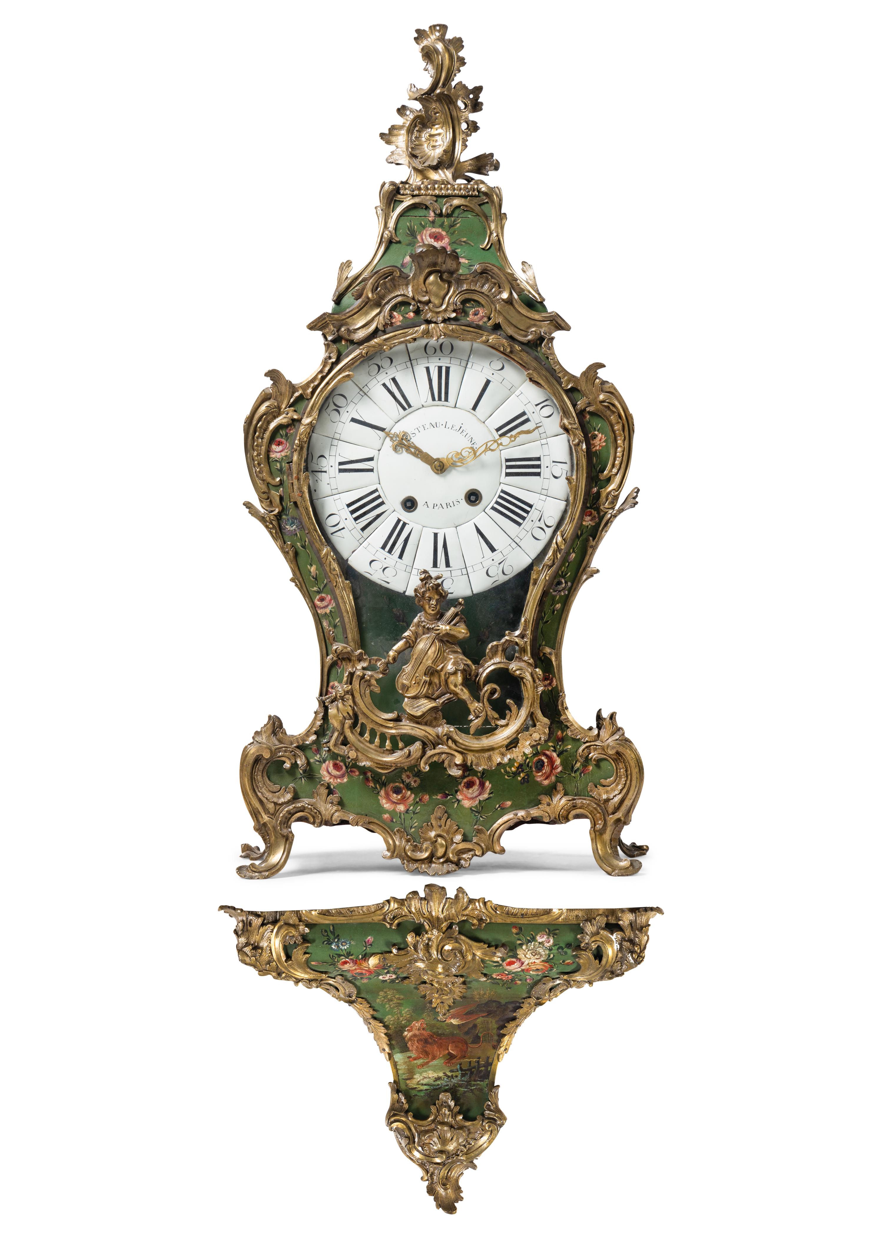 A Louis XV Gilt Bronze Mounted Painted Clock and Bracket