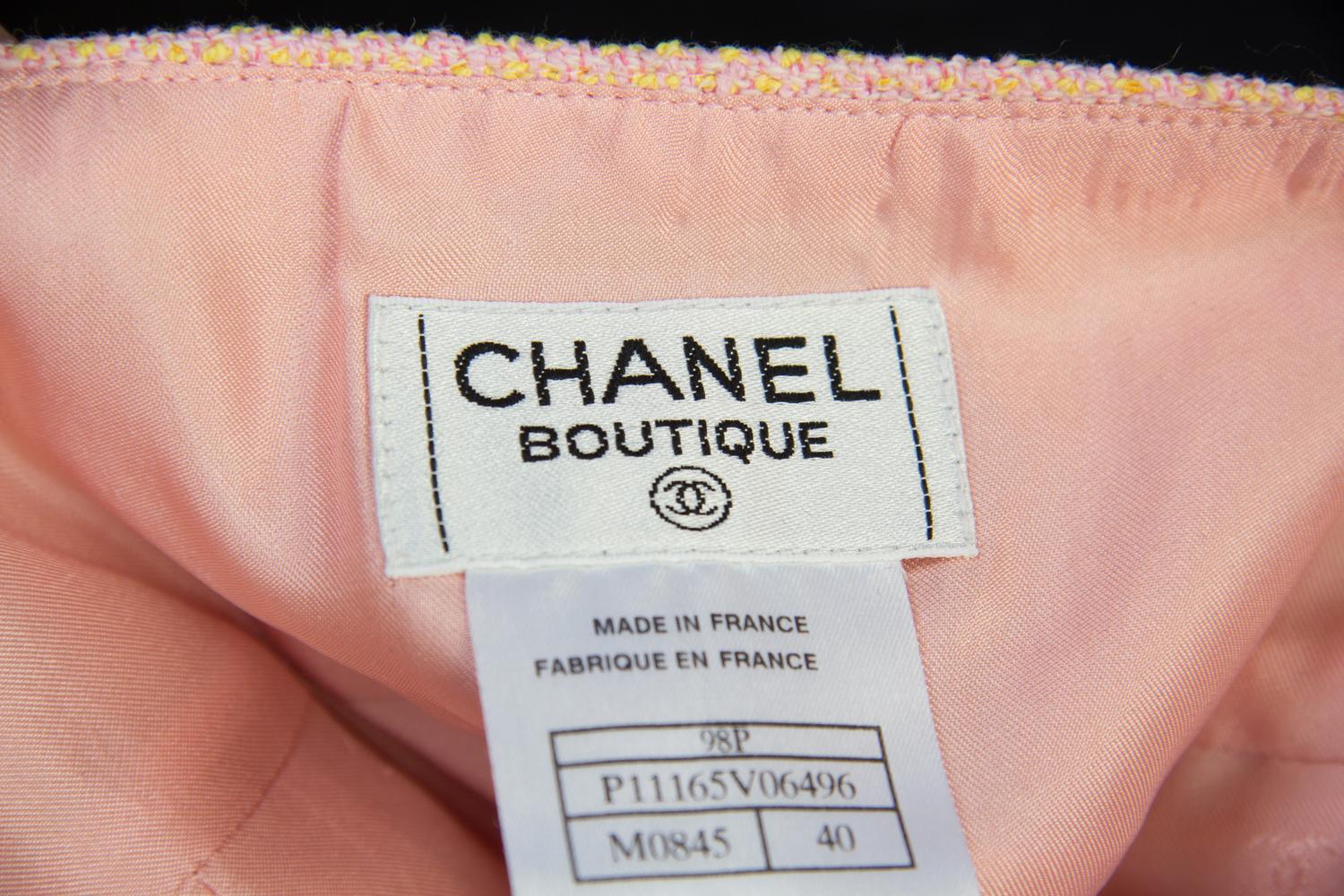 A Chanel Pink and Yellow Tweed Skirt Suit, Size 40.