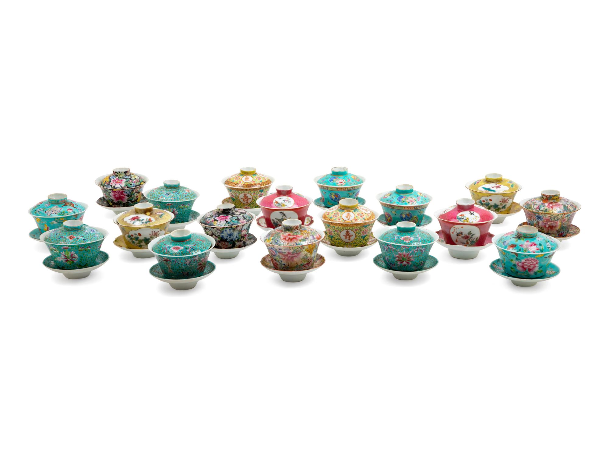 Eighteen Chinese Famille Rose Porcelain Covered Tea Bowls