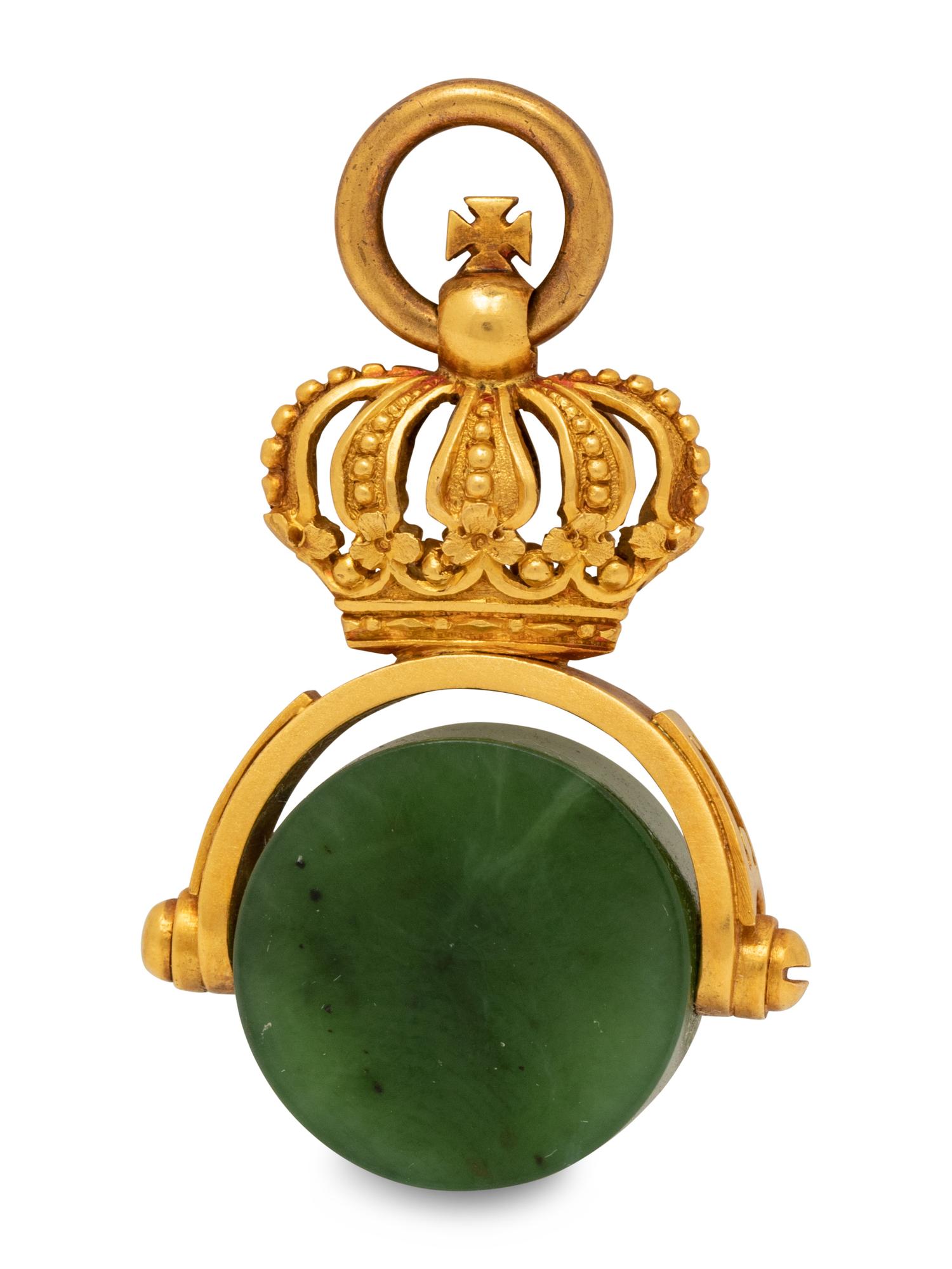 A Russian Yellow Gold and Carved Nephrite Swivel Seal