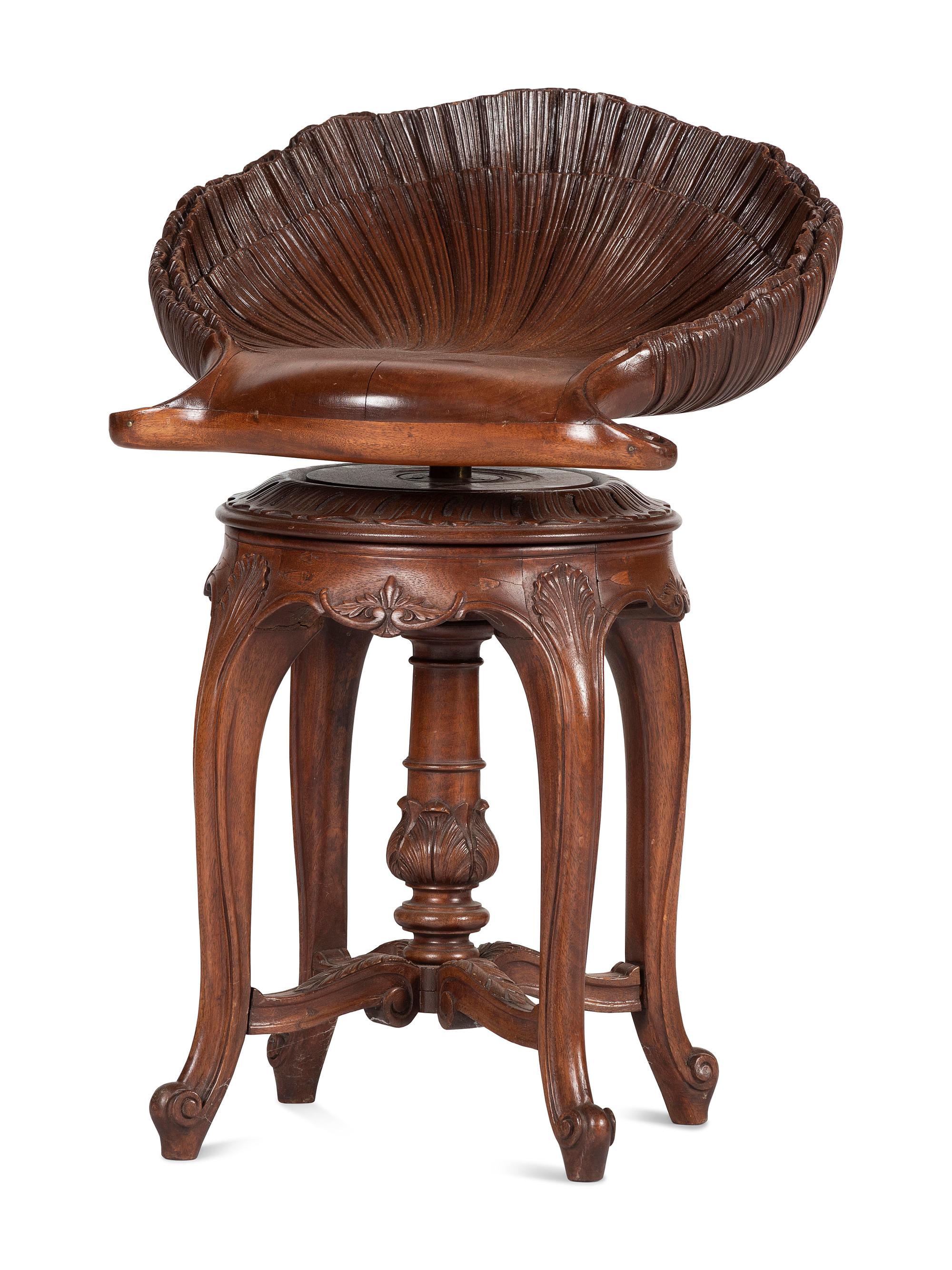 An Italian Grotto Shell-Carved Walnut Adjustable Music Stool
