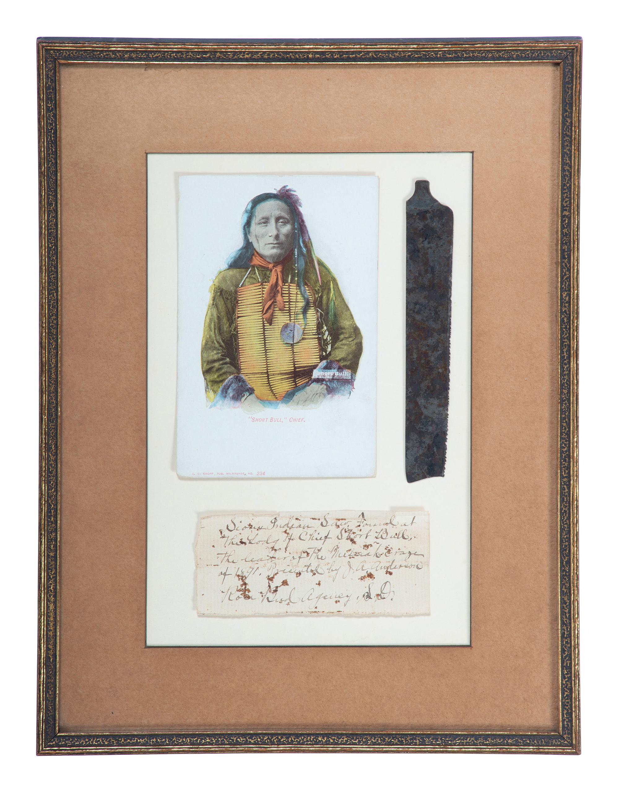 [NATIVE AMERICANS]. Sioux Indian saw found at the lodge of Chief Short Bull, presented by photographer J.A. Anderson. Red Cloud Agency, South Dakota.