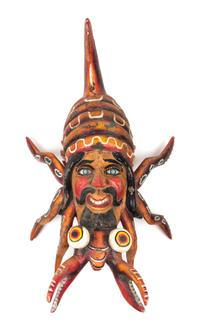 A Mexican Polychromed Wood Mask Height 30 1/2 inches.
