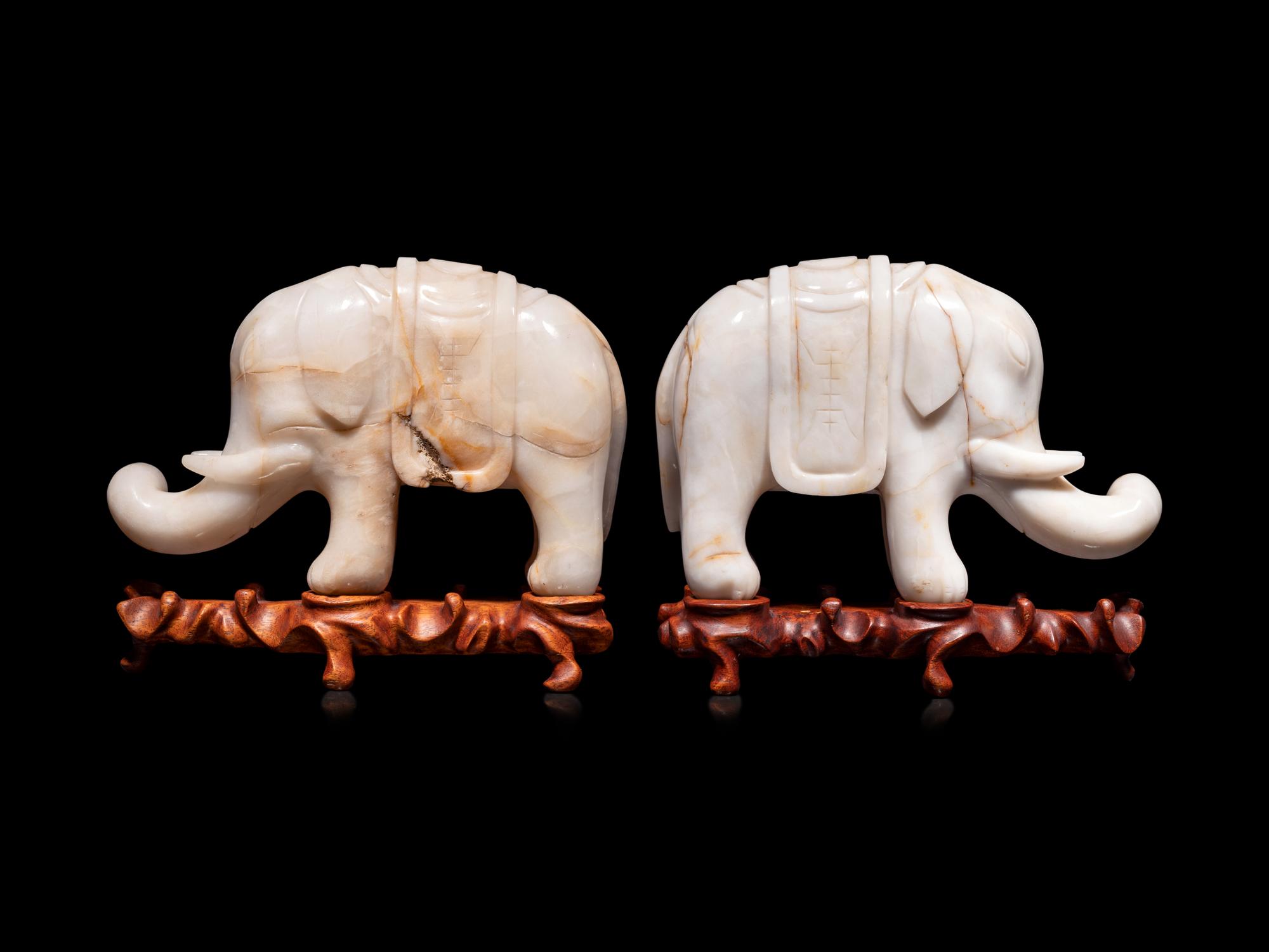 A Pair of Chinese Carved Hardstone Figures of Elephants