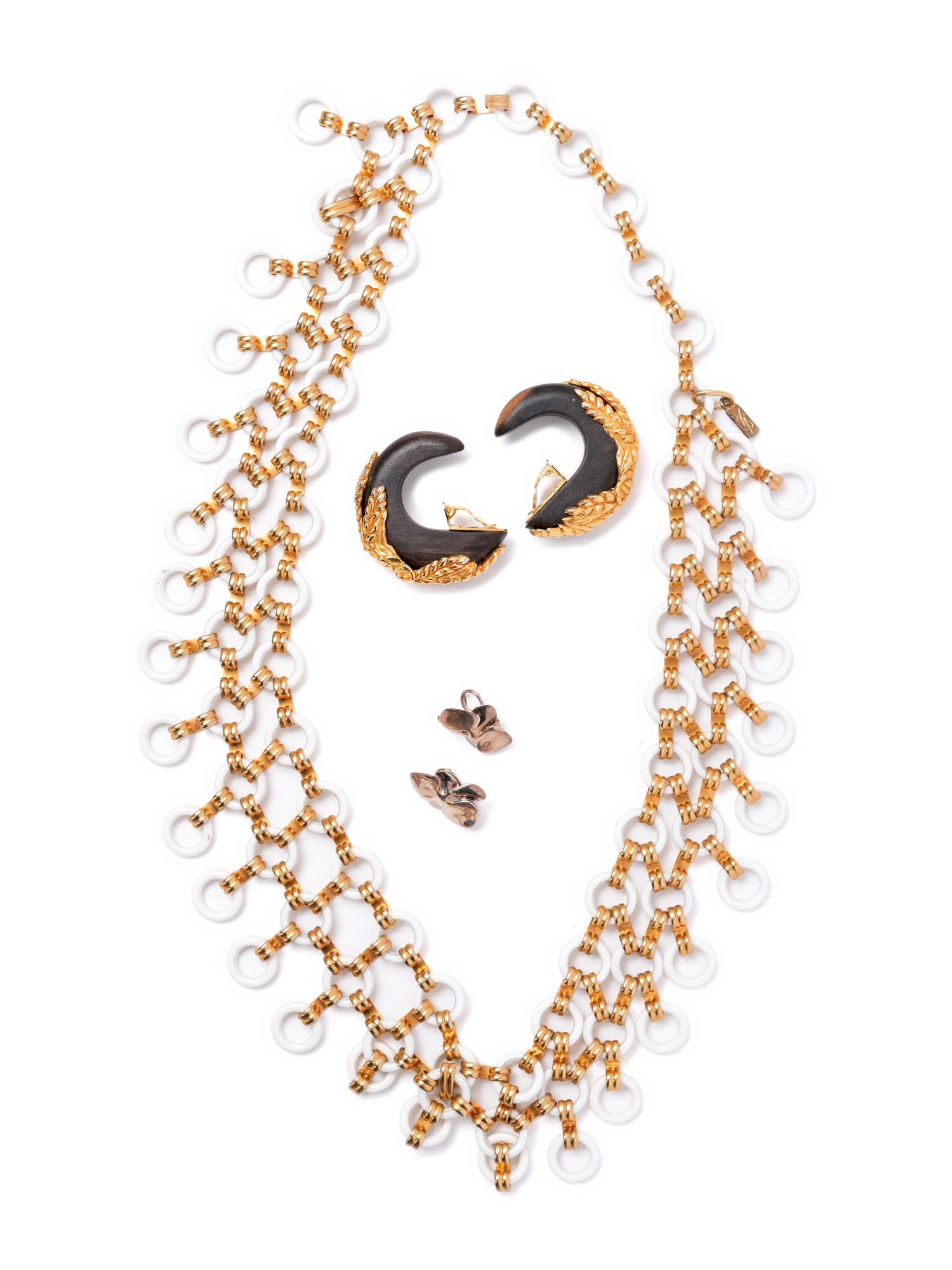 Three Jewelry Items: One Yves Saint Laurent Necklace, One Pair of Dominique Aurientis Ear Clips, and One Pair of Cummings Earrings, 1980s
