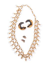 Three Jewelry Items: One Yves Saint Laurent Necklace, One Pair of Dominique Aurientis Ear Clips, and One Pair of Cummings Earrings, 1980s