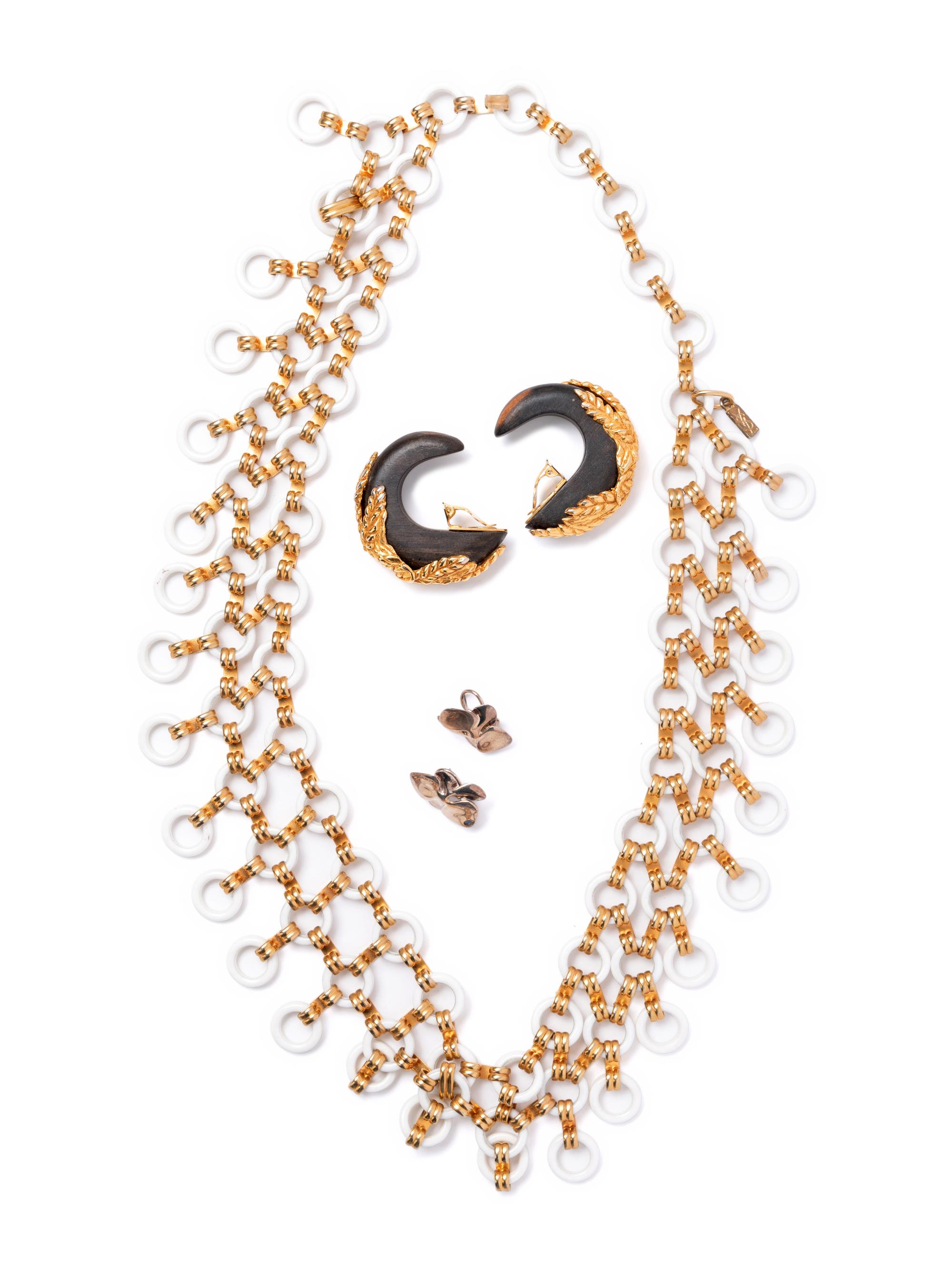 Three Jewelry Items: One Yves Saint Laurent Necklace, One Pair of Dominique Aurientis Ear Clips, and One Pair of Cummings Earrings, 1980s