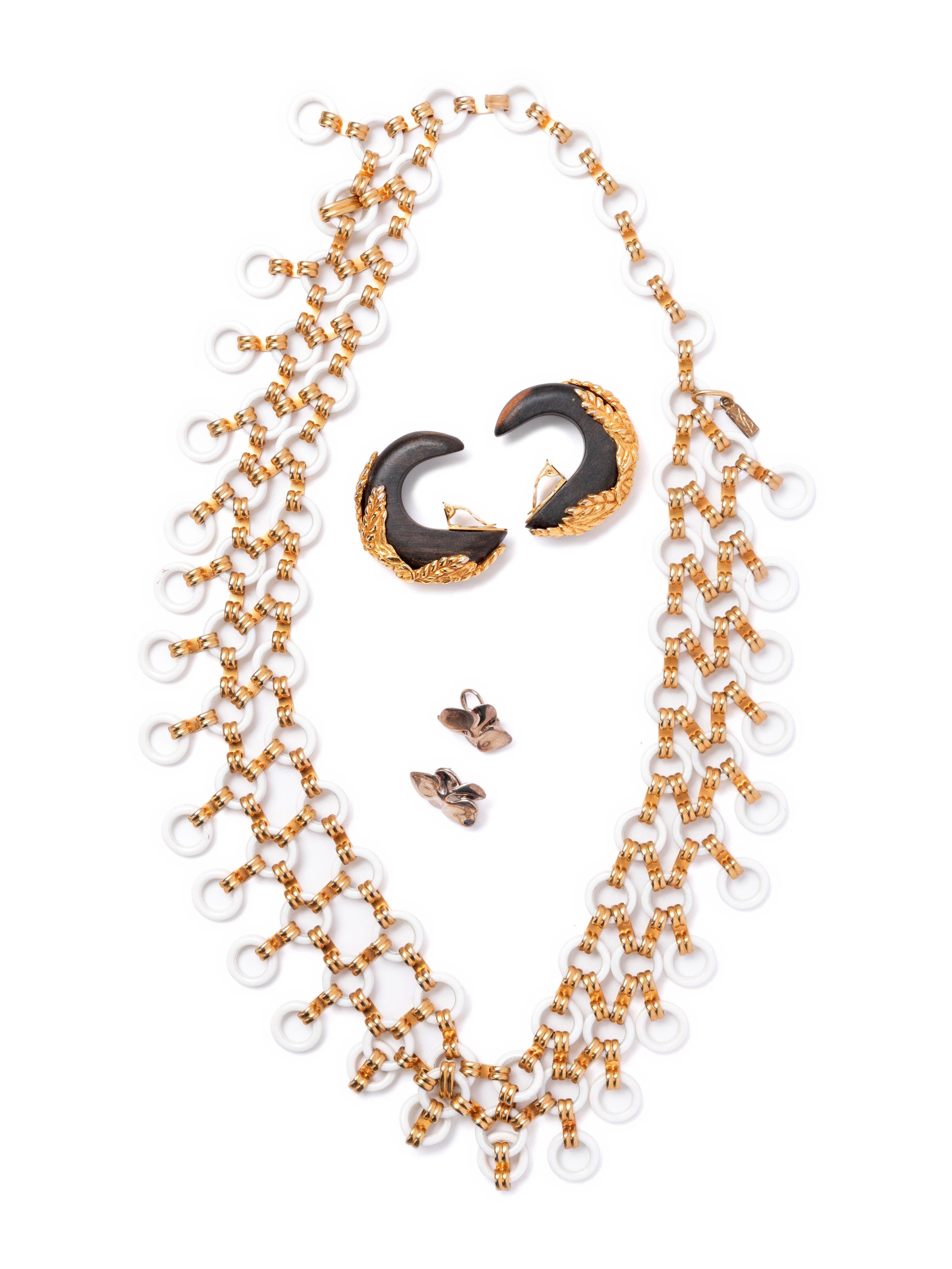 Three Jewelry Items: One Yves Saint Laurent Necklace, One Pair of Dominique Aurientis Ear Clips, and One Pair of Cummings Earrings, 1980s