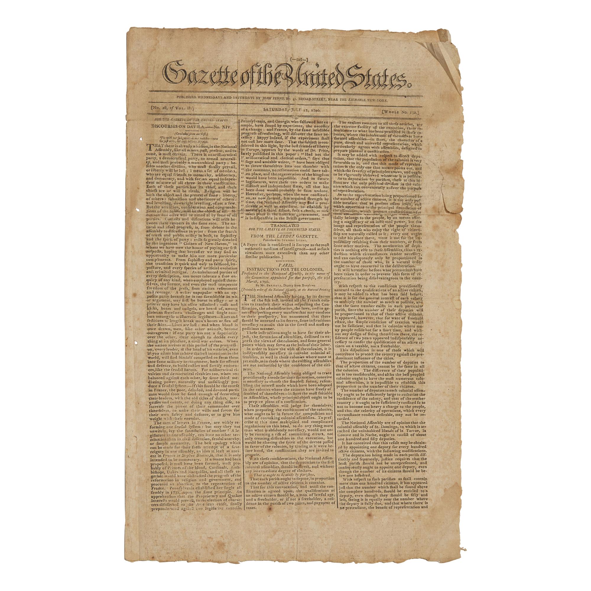 [Washington, D.C.] The First Newspaper Printing of the Residence Act of 1790, Establishing Washington, D.C. as the Capital City, in the Gazette of the United States