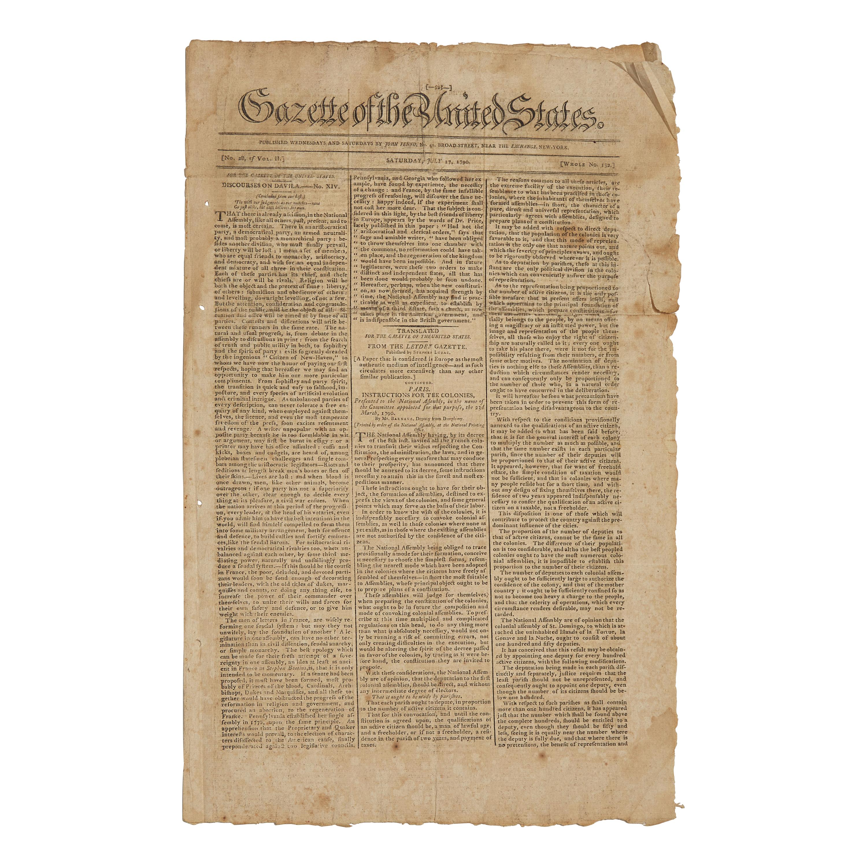 [Washington, D.C.] The First Newspaper Printing of the Residence Act of 1790, Establishing Washington, D.C. as the Capital City, in the Gazette of the United States