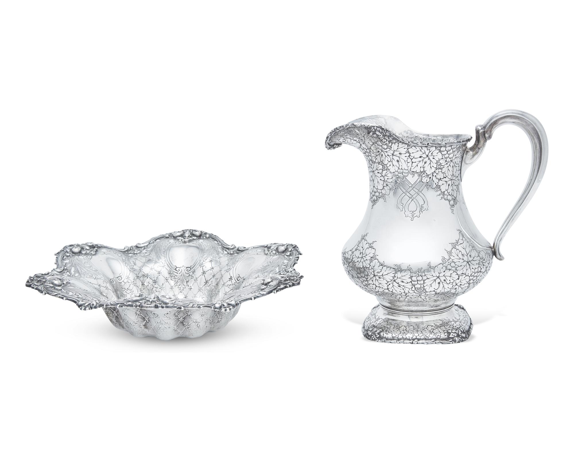 An American Silver Water Pitcher and Reticulated Bowl