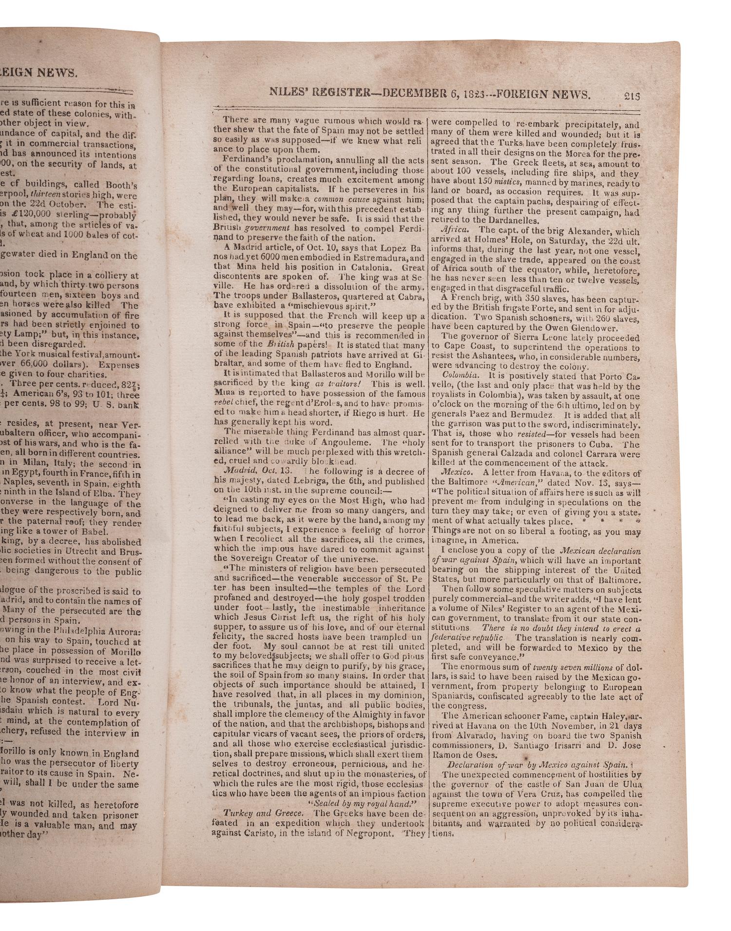 [POLITICS - MONROE, James (1758-1831)]. Niles Weekly Register. Baltimore, 6 December 1823.