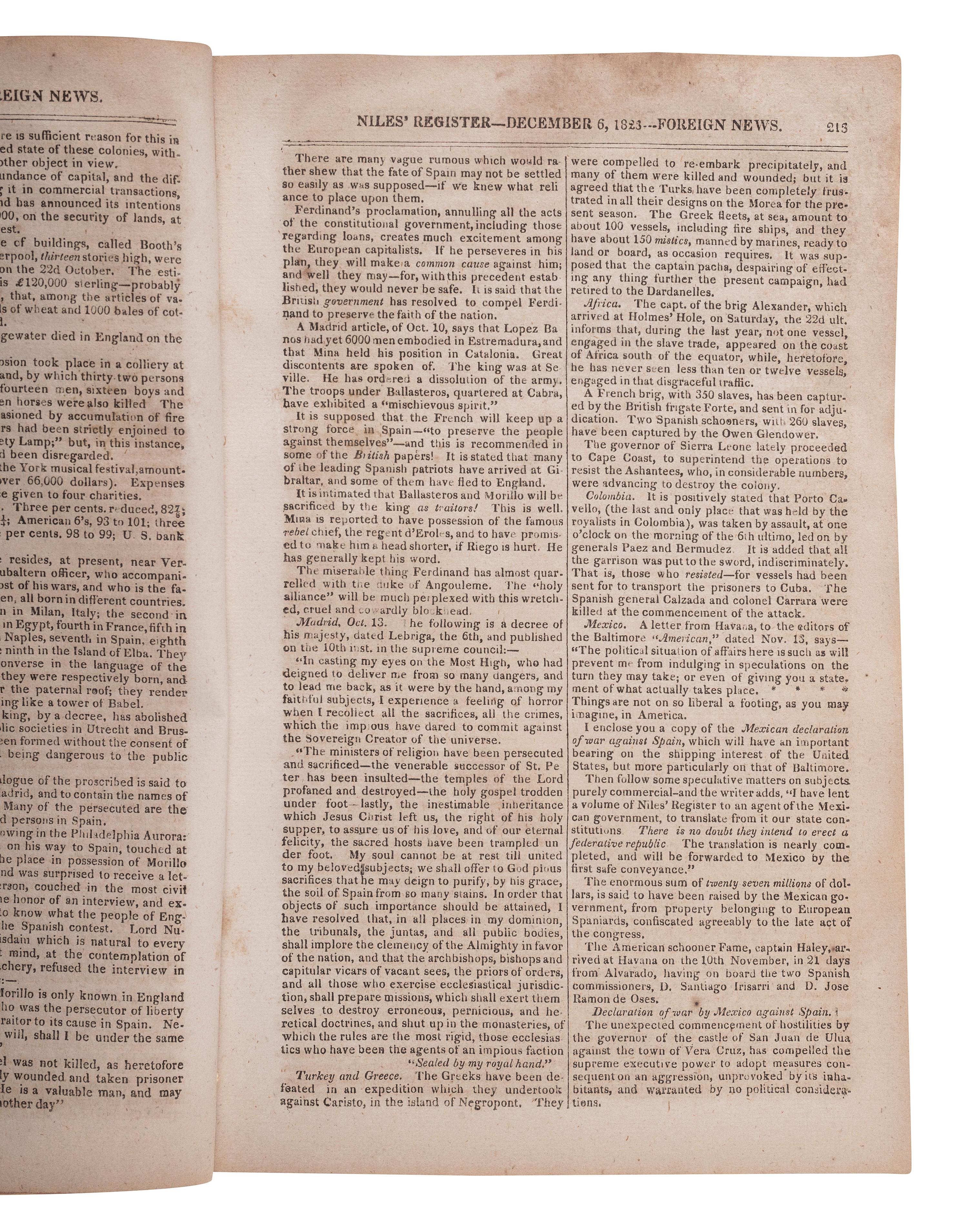 [POLITICS - MONROE, James (1758-1831)]. Niles Weekly Register. Baltimore, 6 December 1823.