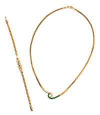 A Collection of 14 Karat Yellow Gold, Diamond and Emerald Jewelry,
