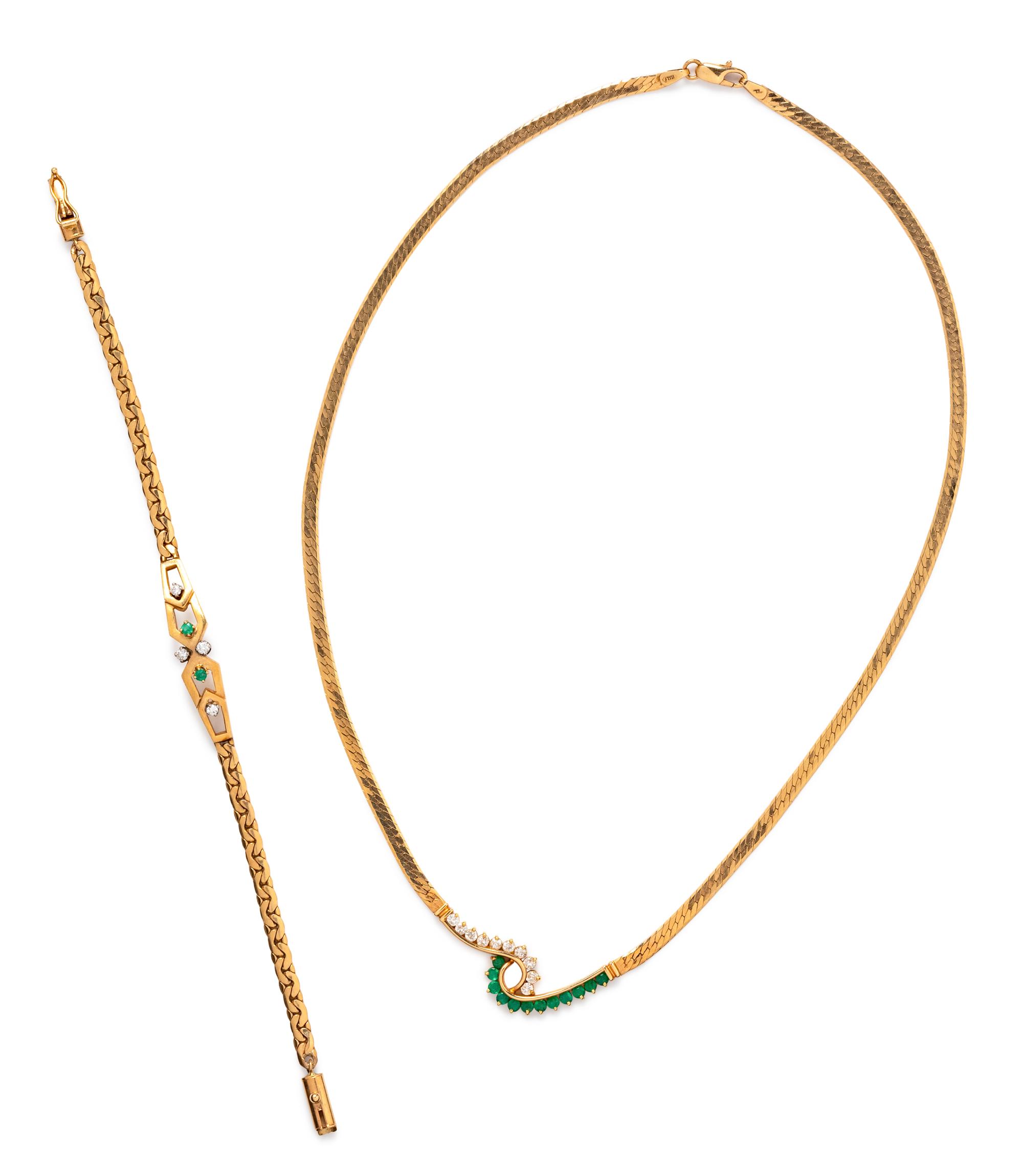 A Collection of 14 Karat Yellow Gold, Diamond and Emerald Jewelry,