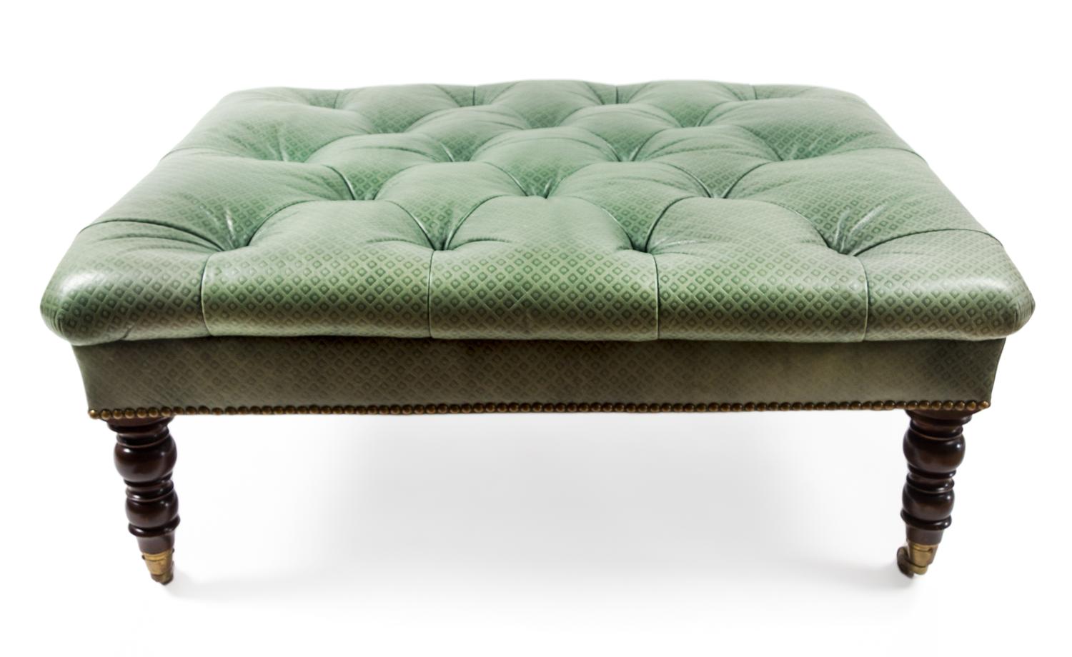 A Victorian Button-Tufted Stamped Green Leather Upholstered Bench Height 16 x width 32 1/2 x depth 38 1/2 inches. — 19TH CENTURY