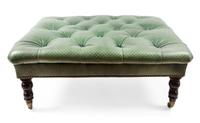 A Victorian Button-Tufted Stamped Green Leather Upholstered Bench Height 16 x width 32 1/2 x depth 38 1/2 inches. — 19TH CENTURY