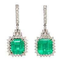 A Pair of 18 Karat Bicolor Gold, Emerald and Diamond Pendant Earclips, 15.60 dwts.