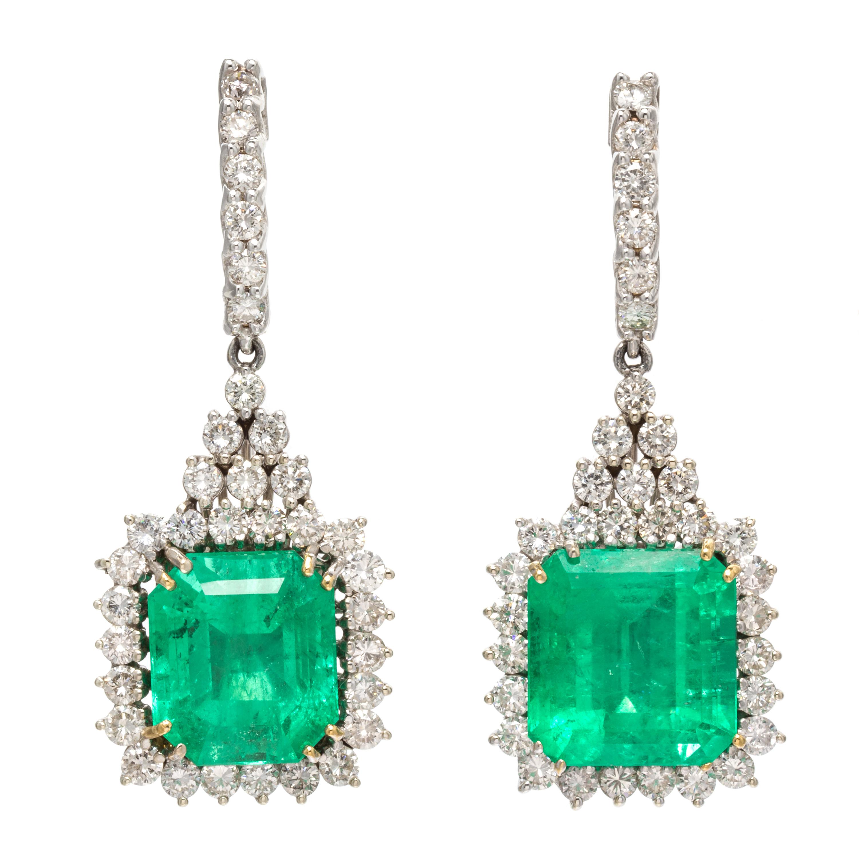 A Pair of 18 Karat Bicolor Gold, Emerald and Diamond Pendant Earclips, 15.60 dwts.