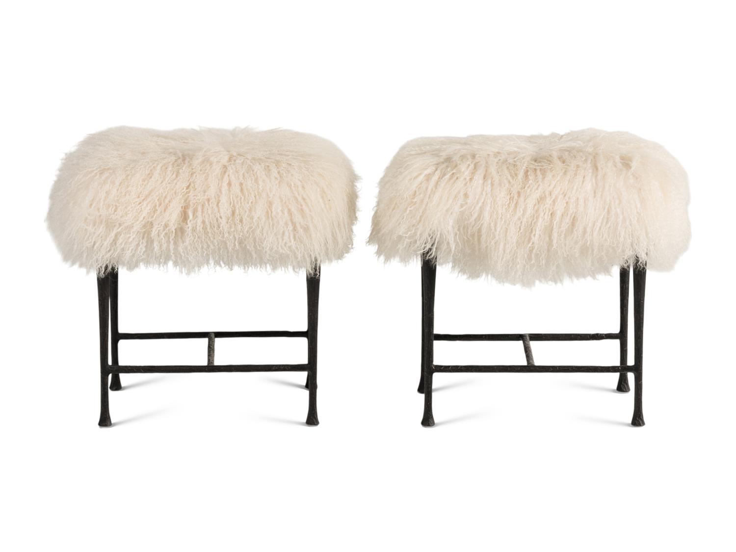 A Pair of Christian Liaigre Sheepskin Upholstered Patinated Bronze Sud Stools