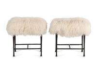 A Pair of Christian Liaigre Sheepskin Upholstered Patinated Bronze Sud Stools