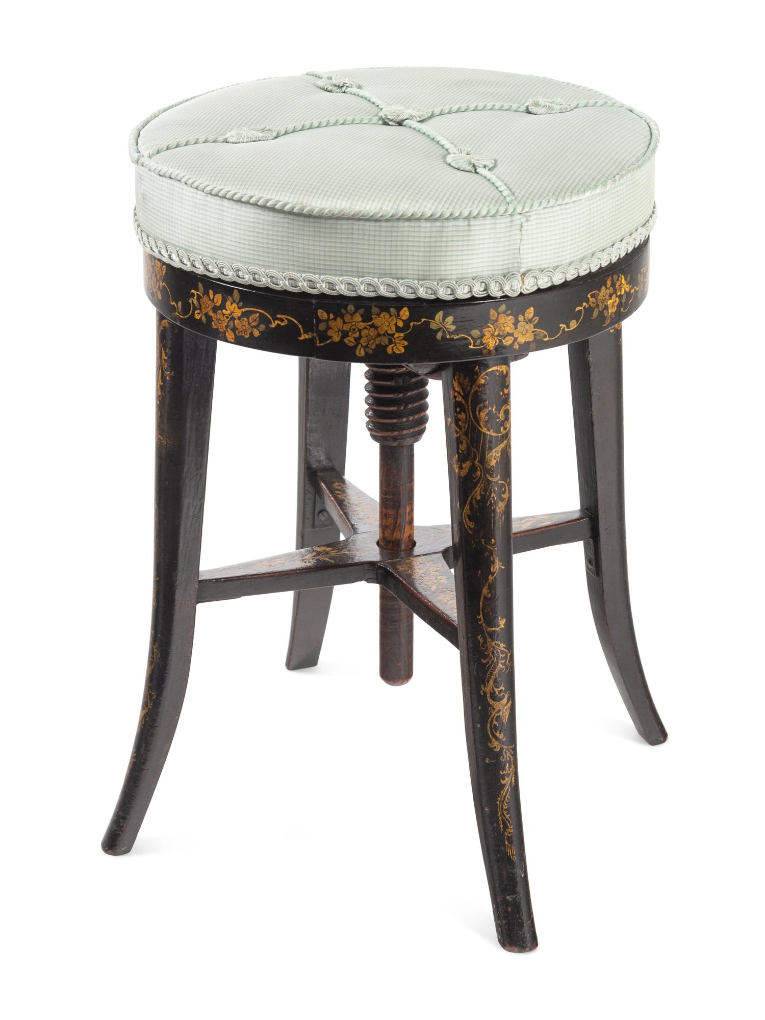 A Victorian Polychrome-Decorated Ebonized Piano Stool