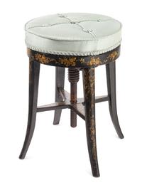 A Victorian Polychrome-Decorated Ebonized Piano Stool