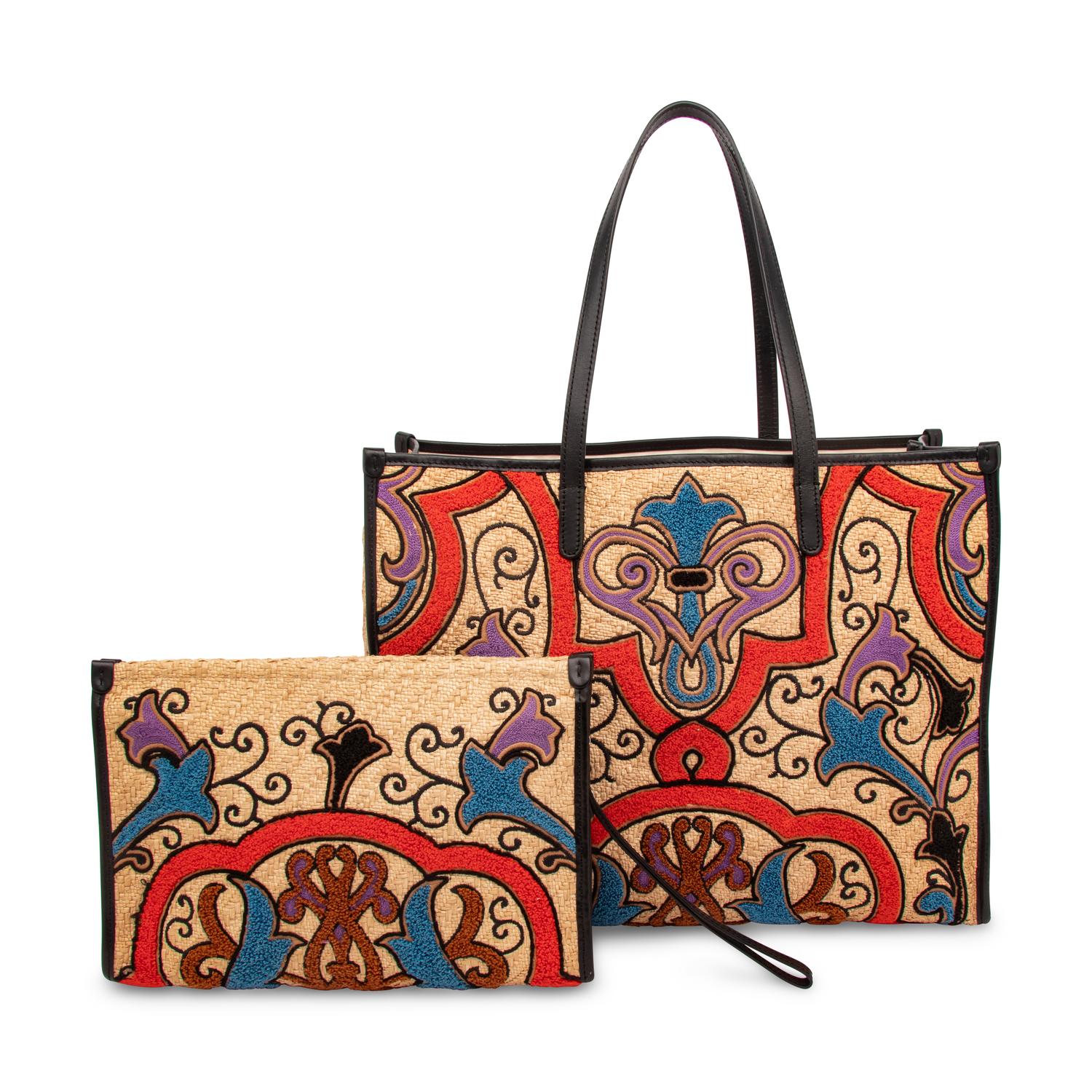 ETRO, EMBROIDERED RAFFIA LARGE TOTE & MATCHING CLUTCH