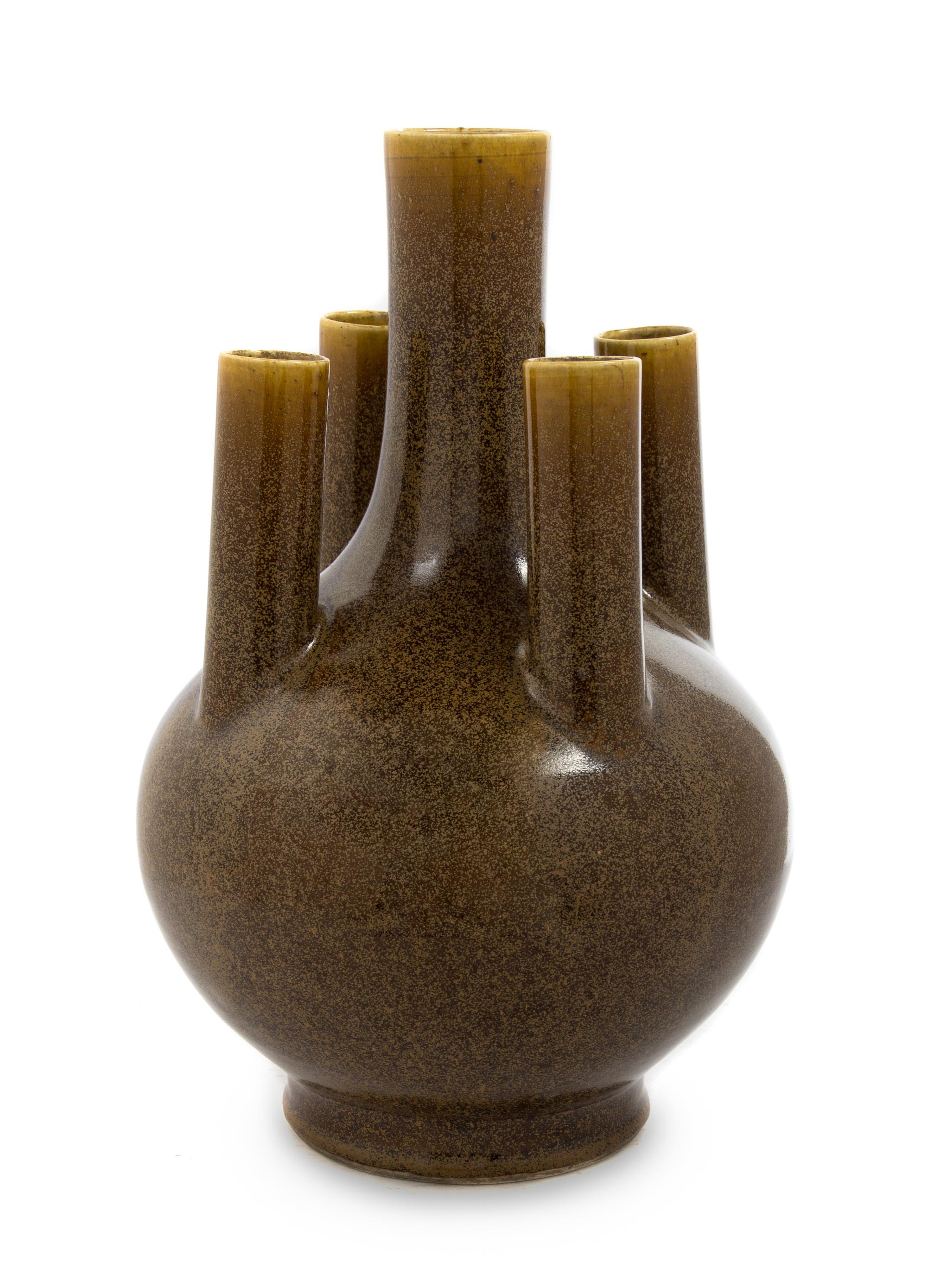 A Chinese Iron-Dust Glazed Porcelain Five-Neck Vase 18TH/19TH CENTURY Height 15 inches. — 18TH/19TH CENTURY