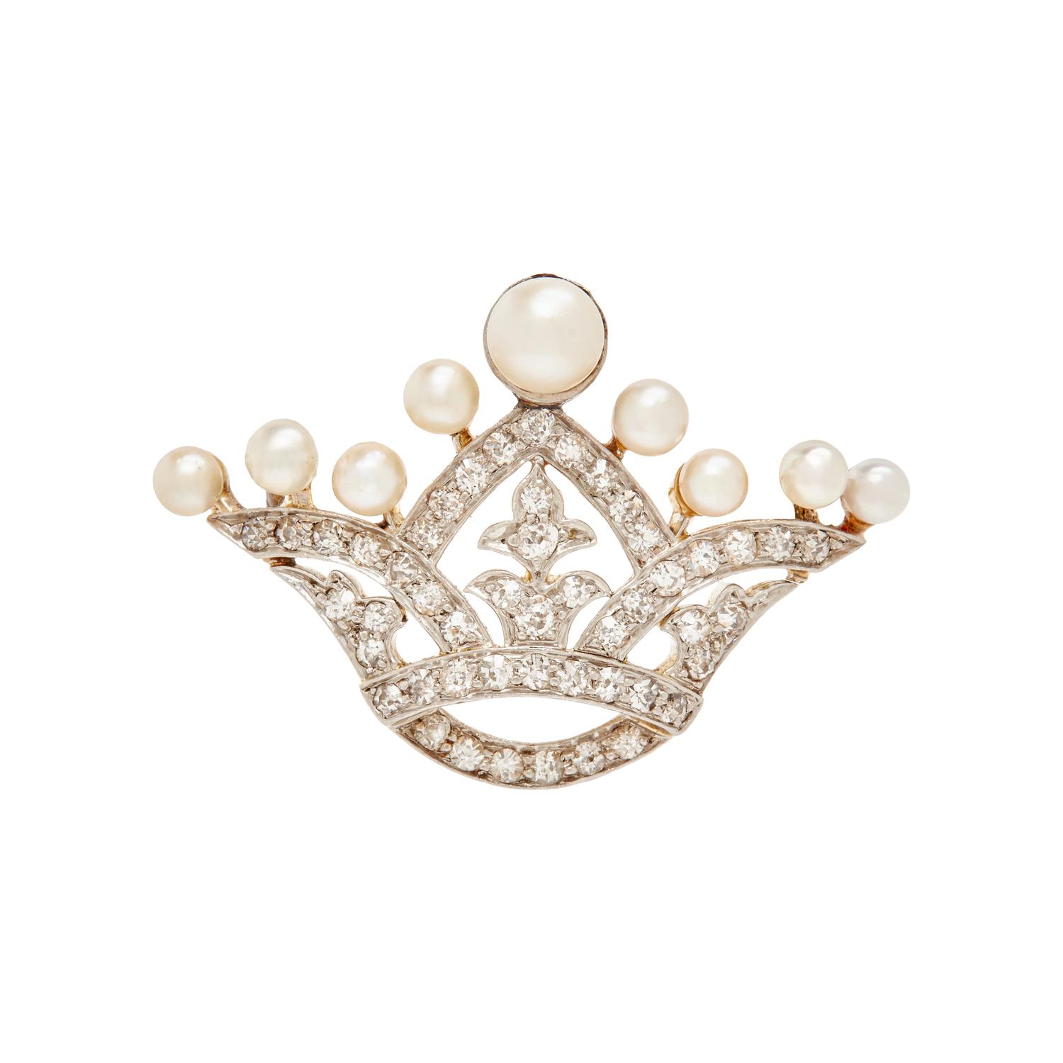 EDWARDIAN, DIAMOND AND CULTURED PEARL CROWN PIN