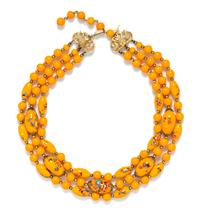 A Trifari Hand Painted Triple Strand Orange Necklace.