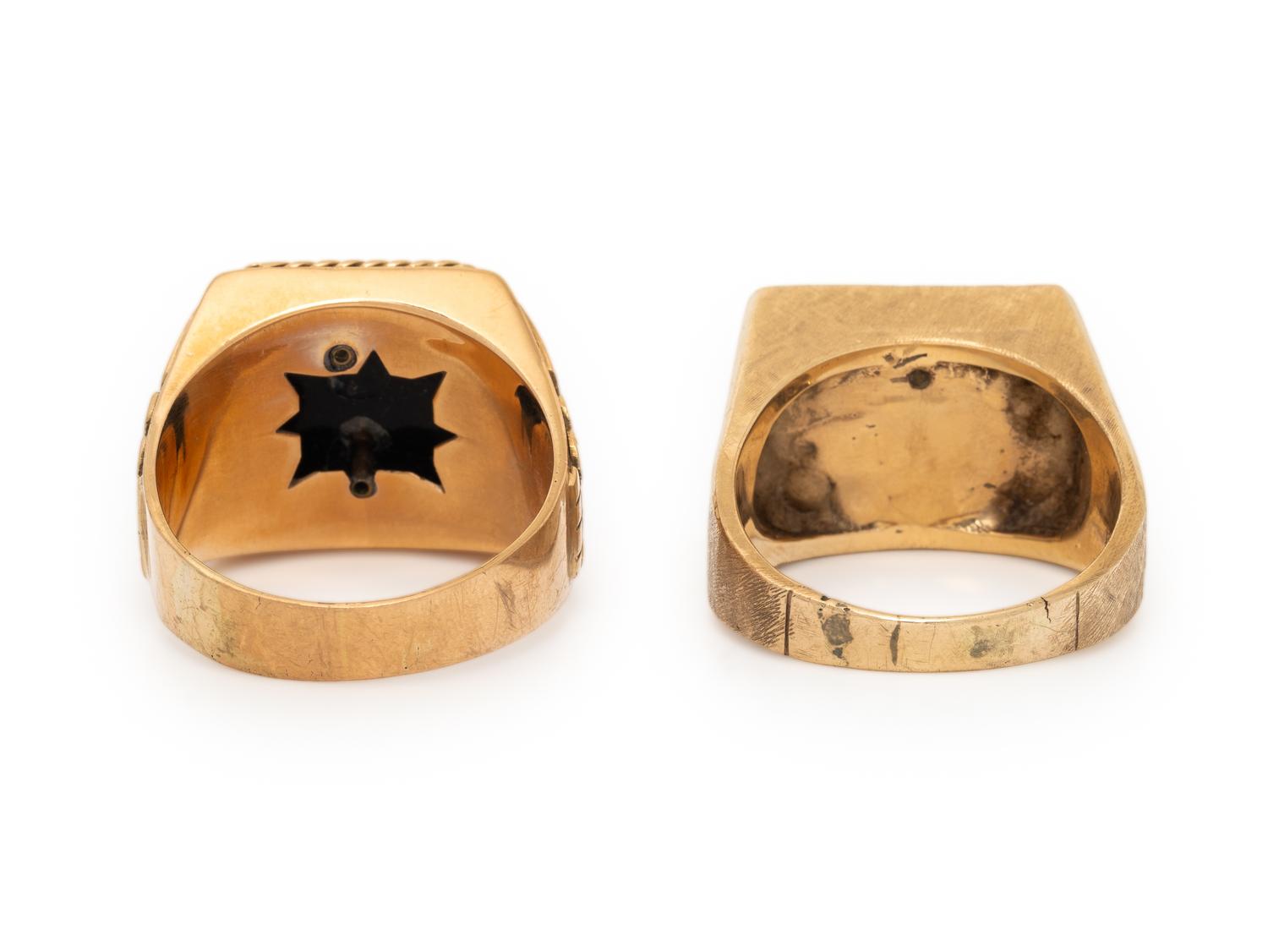TWO HARDSTONE AND YELLOW GOLD RINGS