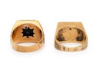 TWO HARDSTONE AND YELLOW GOLD RINGS