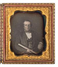 [EARLY PHOTOGRAPHY]. Sixth plate daguerreotype portrait of a man with a telescope, with letter from Eben Seavey of Scarborough, Maine referencing a Captain Elisha Newcomb.
