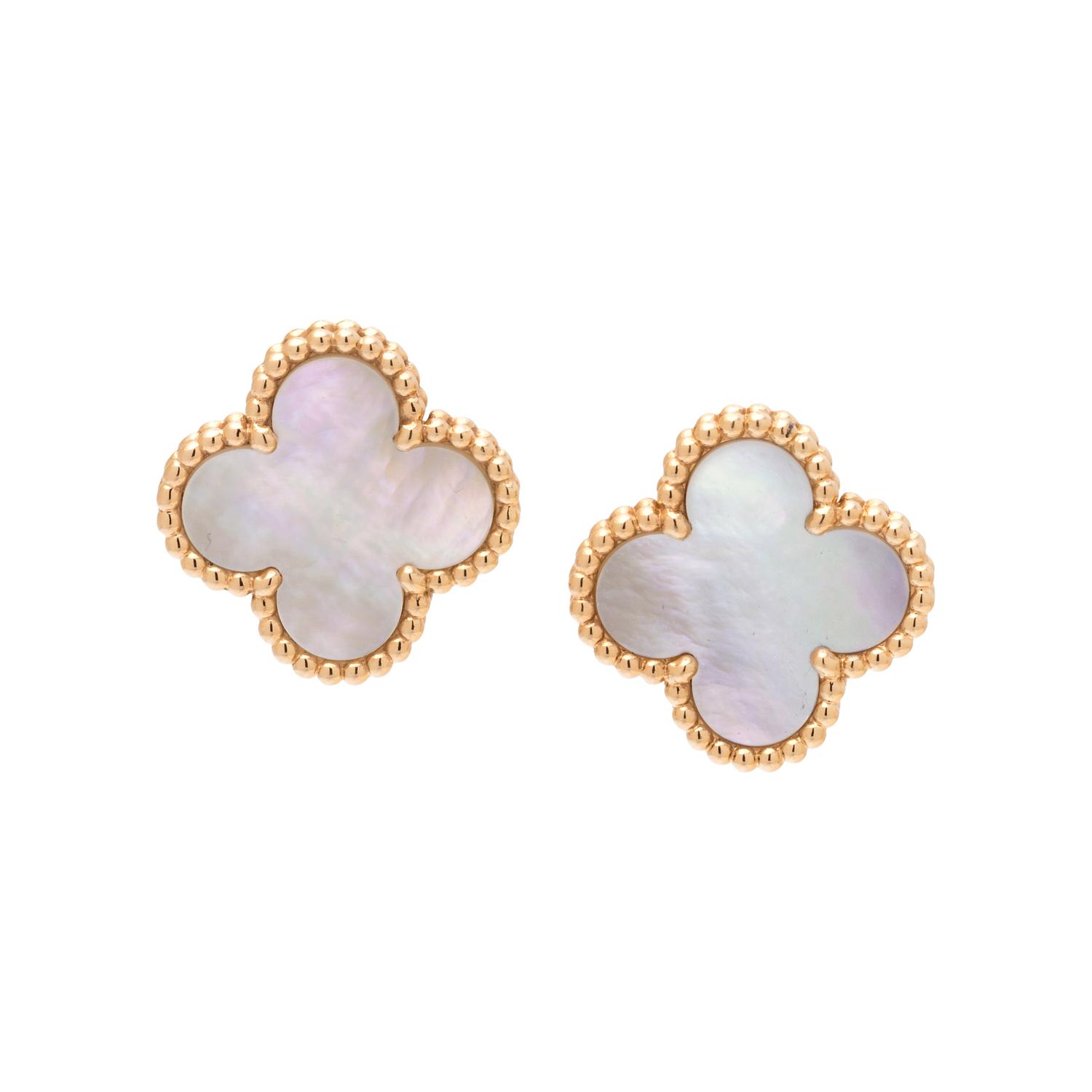 VAN CLEEF & ARPELS, YELLOW GOLD AND MOTHER-OF-PEARL 'ALHAMBRA' EARCLIPS
