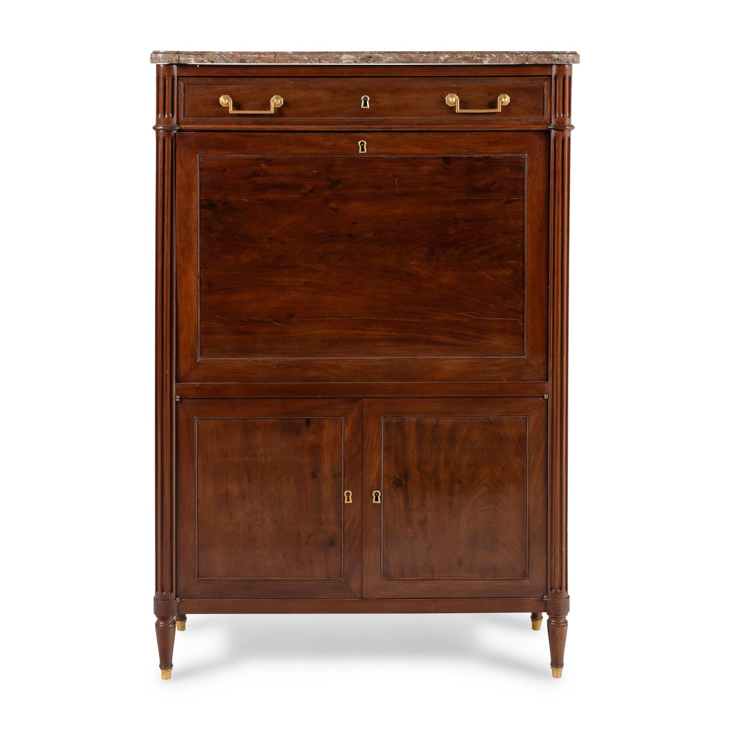 A Louis XVI Gilt Metal Mounted Mahogany Marble-Top Secrétaire à Abattant