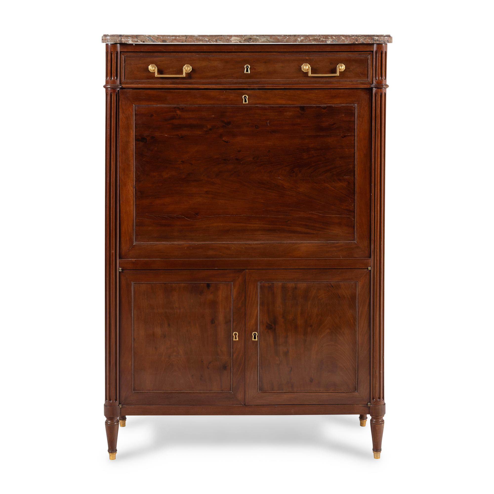A Louis XVI Gilt Metal Mounted Mahogany Marble-Top Secrétaire à Abattant