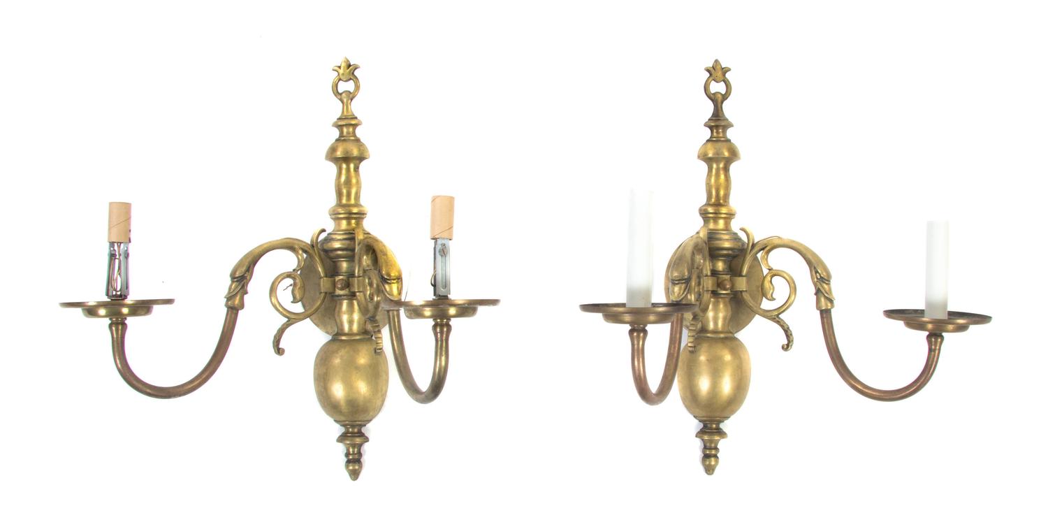 A Pair of Dutch Baroque Style Brass Two-Light Sconces, Height 17 1/2 inches.